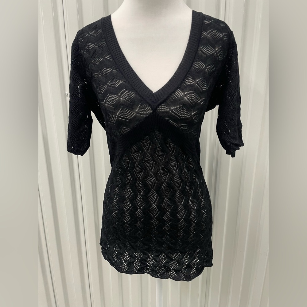 Vintage Black Open Knit Babydoll Tunic Top Small Office Siren Vamp Whimsigoth